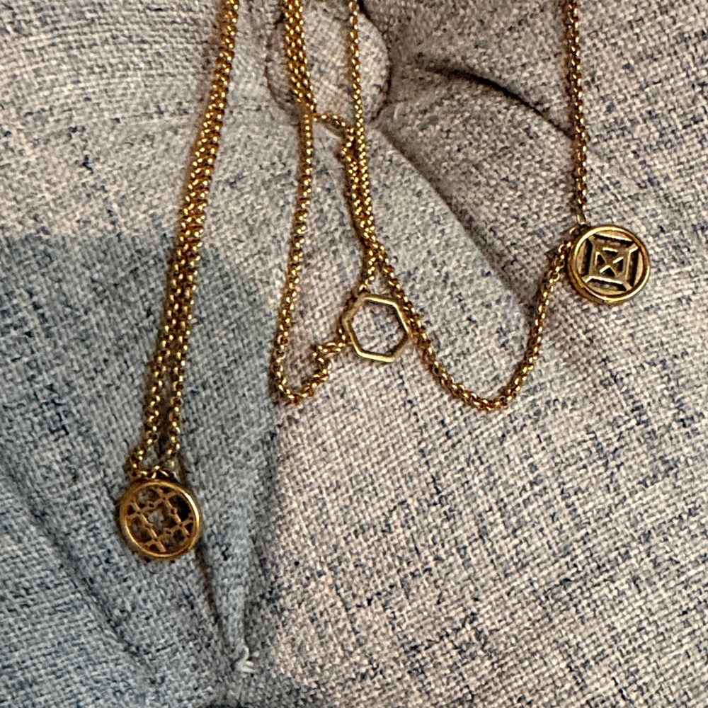 Tory Burch Gold Layered Necklace with Filigree Medallion and Logo Disc